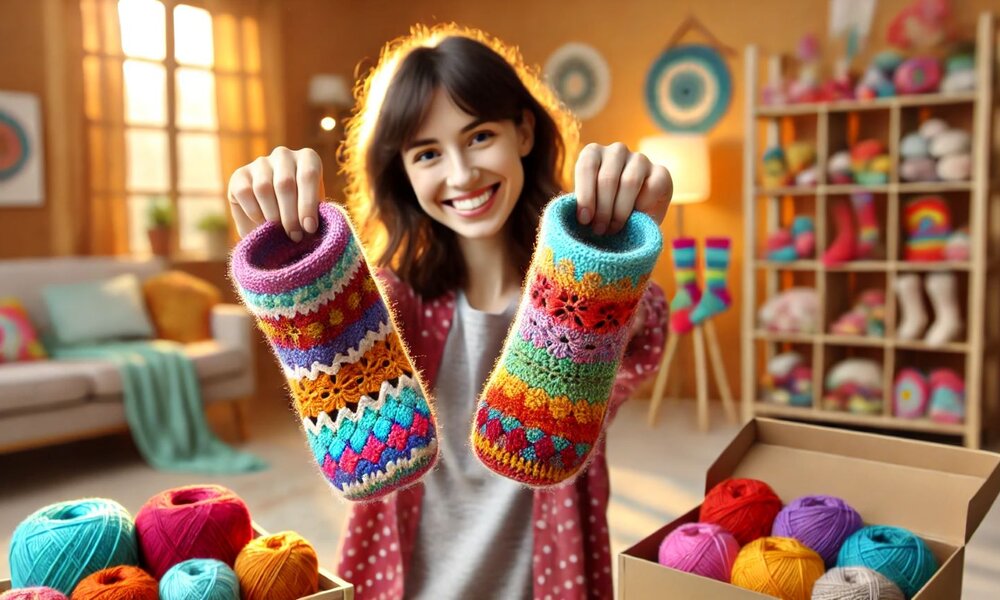Junge Frau mit braunen Haaren zeigt lächelnd zwei bunt gehäkelte Schlupfsocken, umgeben von Wollknäueln und Strickarbeiten. | © Sabrina Forst / KI generiert