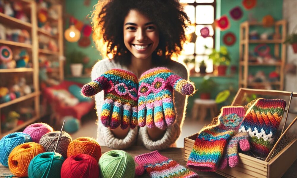 Junge Frau mit lockigem Haar zeigt strahlend bunte gestrickte Handschuhe, umgeben von Wollknäueln und weiterem Strickzubehör. | © Sabrina Forst / KI generiert