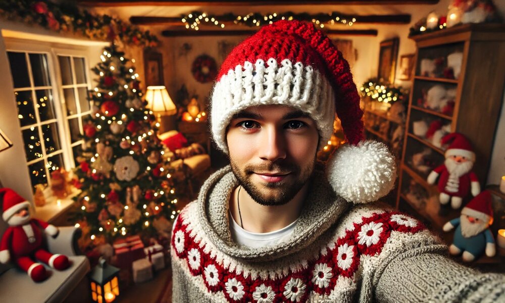 Ein junger Mann mit Weihnachtsmütze lächelt in einer festlich dekorierten Stube mit geschmücktem Weihnachtsbaum und Lichterketten. | © Sabrina Forst / KI generiert