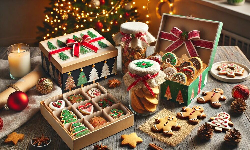 Verschiedene festlich dekorierte Weihnachtsplätzchen in Boxen und Gläsern, arrangiert auf einem Holztisch vor einem leuchtenden Weihnachtsbaum. | © Sabrina Forst / KI generiert