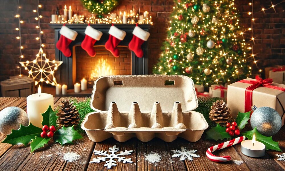 Leere Eierkartons auf einem weihnachtlich dekorierten Holztisch, umgeben von Kerzen, Tannenzweigen und Geschenken vor einem Kamin. | © Sabrina Forst / KI generiert