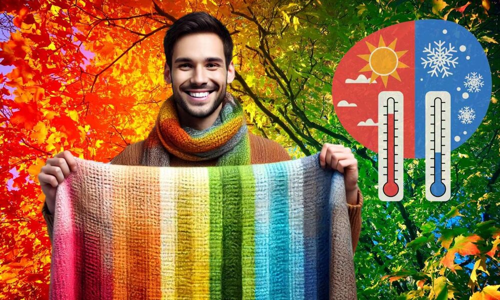 Fröhlicher Mann in Herbstkleidung präsentiert eine bunte Decke, hinter ihm leuchtendes Herbstlaub und eine Grafik mit Thermometern | © Sabrina Forst / KI generiert /Canva