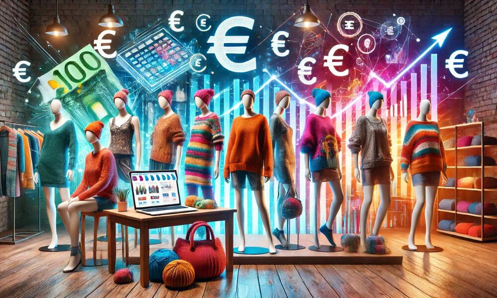 Schaufensterpuppen in bunter Strickmode stehen vor leuchtenden Euro-Symbolen, daneben ein Laptop mit Online-Shop auf Holztisch. | © Sabrina Forst /KI generiert