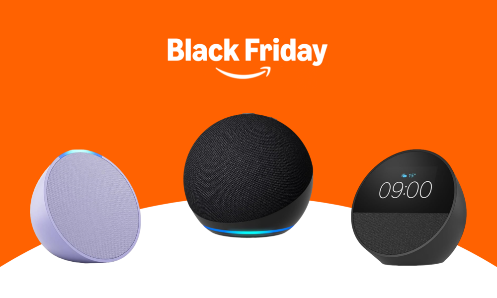 Der Schriftzug "Black Friday" mit dem Amazon-Pfeil, darunter die Echo Pop-, Echo Dot- und Echo Spot-Lautsprecher in verschiedenen Farben | © Amazon