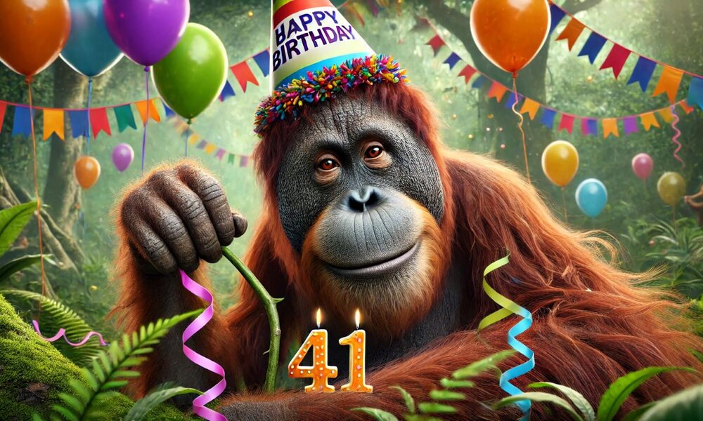 Ein Orang-Utan mit „Happy Birthday“-Hut sitzt vor zwei brennenden Kerzen mit der Zahl 41, umgeben von Partydeko. | © Sabrina Forst / KI generiert