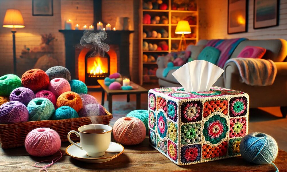 Ein gemütliches Wohnzimmer mit Kamin, ein Korb voller bunter Wollknäuel, dampfende Teetasse und eine gehäkelte Taschentuchbox auf Holztisch. | © Sabrina Forst / KI generiert