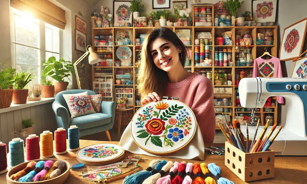 Junge Frau mit langen braunen Haaren lächelt und zeigt eine Stickerei mit Blumenmotiv in einem kreativ eingerichteten Nähatelier. | © Sabrina Forst / KI generiert