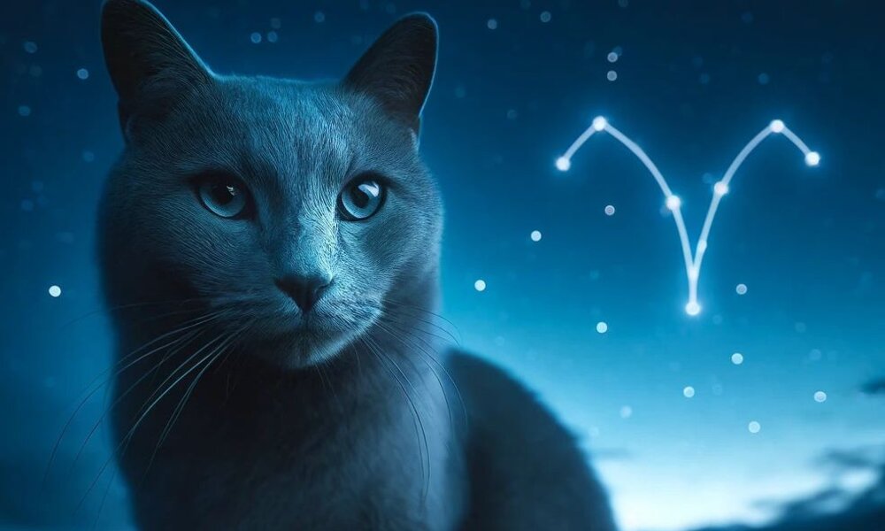 Eine graue Katze blickt ernst bei Nacht in die Kamera, hinter ihr das Sternbild Widder am klaren, funkelnden Himmel. | © Christine Künzler / KI-generiert