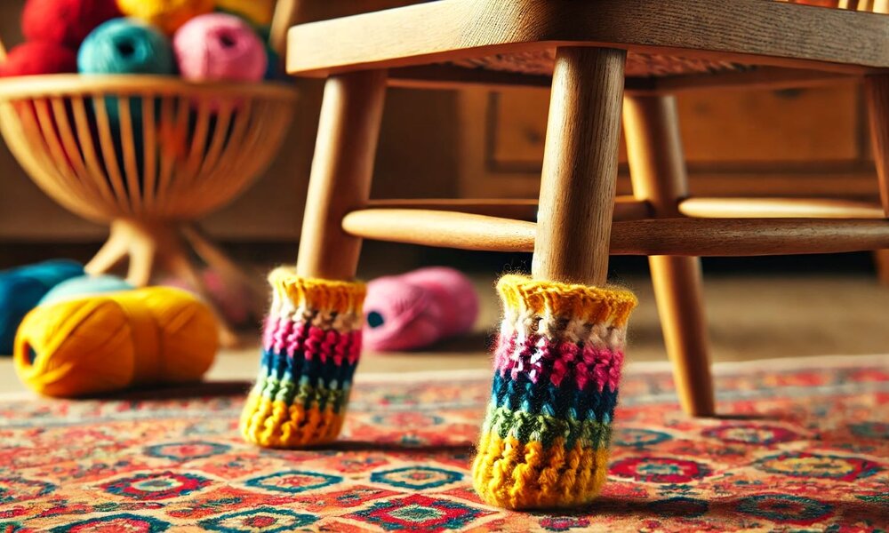Handgestrickte Beinschoner in kräftigen Farben schmücken einen Holzstuhl, umgeben von farbiger Wolle und einem orientalischen Teppich. | © Sabrina Forst / KI generiert