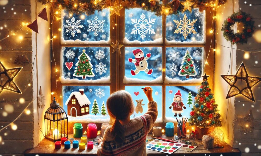 Ein Mädchen mit braunem Haar malt an einem weihnachtlich dekorierten Fenster, umgeben von Lichterketten, Farben und festlichem Glanz. | © Sabrina Forst / KI generiert