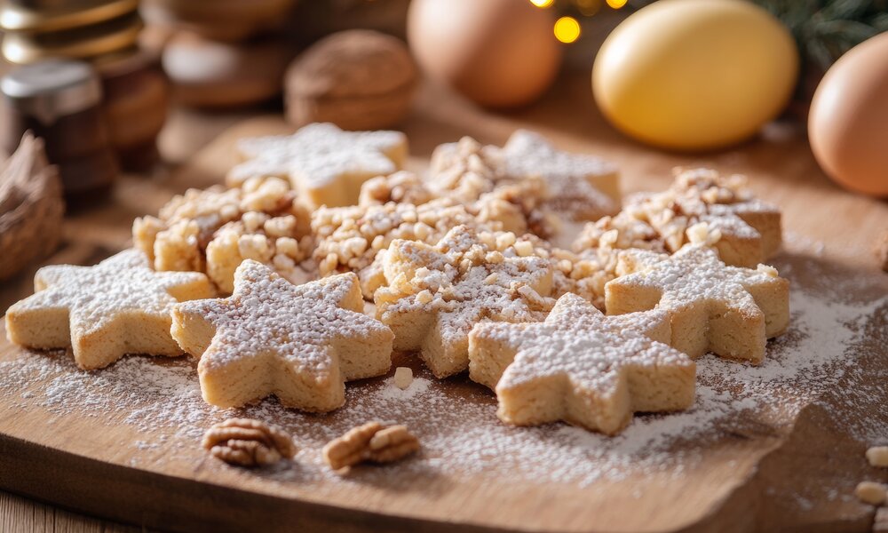 Spekulatius-Mürbeteig-Kekse in Sternenform mit Mehl bedeckt in weihnachtlicher Umgebung. | © lastfurianec / KI generiert