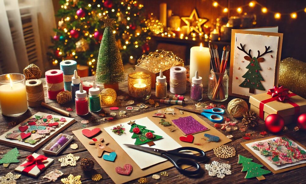 Bastelutensilien und weihnachtliche Deko auf einem Holztisch, darunter Glitzer, Scheren, Karten und ein geschmückter Weihnachtsbaum im Hintergrund. | © Sabrina Forst / KI generiert