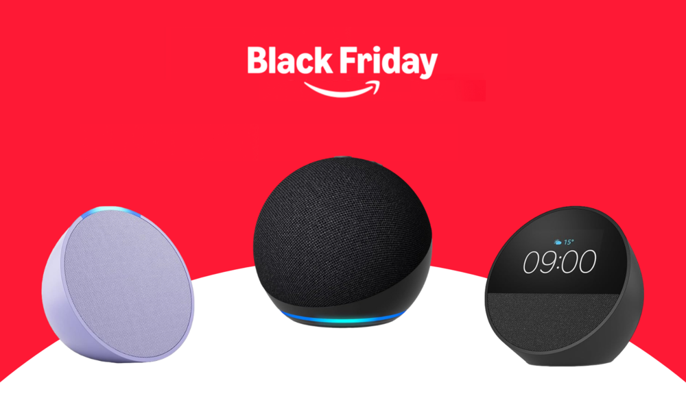 Der Schriftzug „Black Friday 2024“ mit dem Amazon-Logo, darunter der Echo Pop, Echo Dot und Echo Spot in verschiedenen Designs. Der Echo Spot ist ein schwarzes Modell mit Display und einer LED-Leiste. | © Amazon