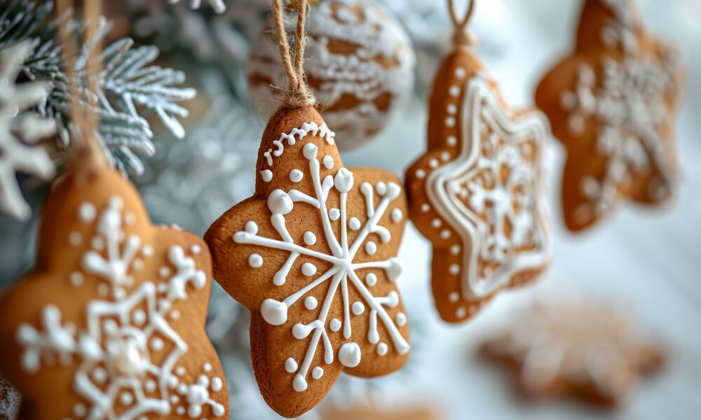 Lebkuchen-Kekse verziert mit Zuckerguss, am Weihnachtsbaum hängend, in Nahaufnahme. | © Olga / KI generiert