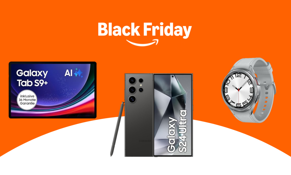 Samsung Galaxy Tab S9+, Galaxy S24 Ultra und Galaxy Watch vor orange-weißem Hintergrund mit Black Friday-Schriftzug. | © Amazon