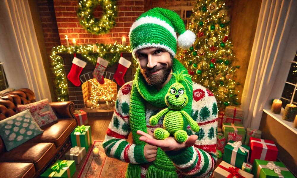 Ein junger Mann mit Bart und grüner Weihnachtsmütze hält lächelnd eine gehäkelte Grinch-Figur vor festlich geschmücktem Kamin. | © Sabrina Forst / KI generiert