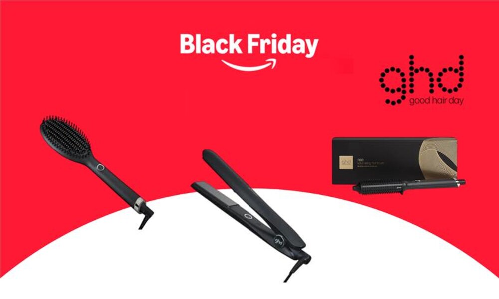 Haarglätter, Glättbürste und Volumenbürste von ghd, darüber der Black Friday-Schriftzug mit dem Amazon-Logo | © Amazon/ghd