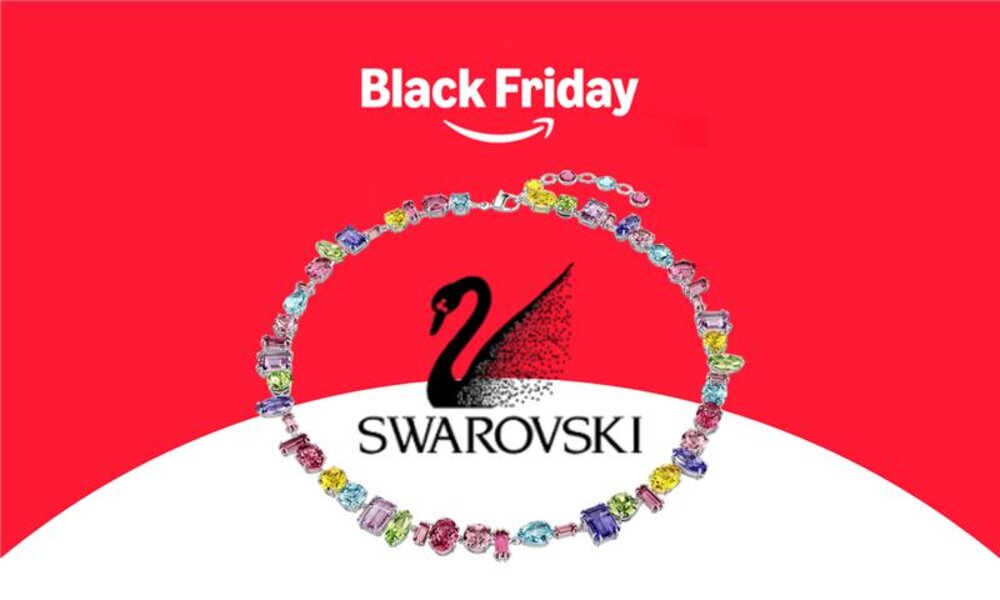 Swarovski Kette aus bunden Edelsteinen, darüber der Black Friday-Schriftzug mit dem Amazon-Logo | © Amazon/Swarovski