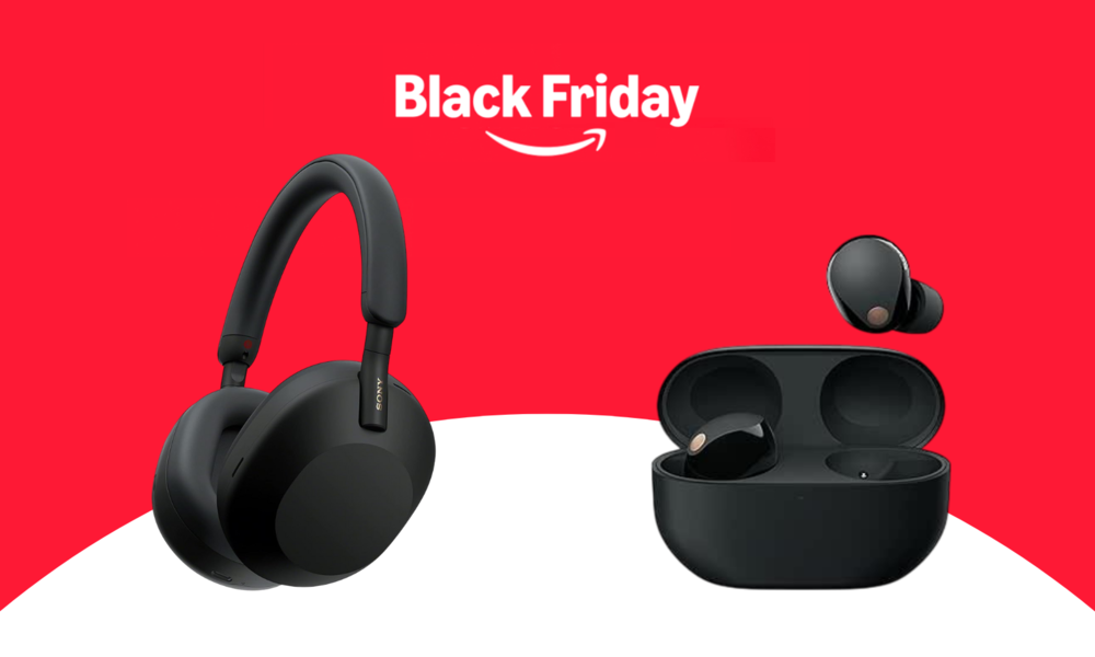 Schwarze Sony-Over-Ear-Kopfhörer und kabellose Ear-Buds in schwarzer Ladehülle vor rotem Hintergrund mit "Black Friday"-Schriftzug. | © Amazon/Sony