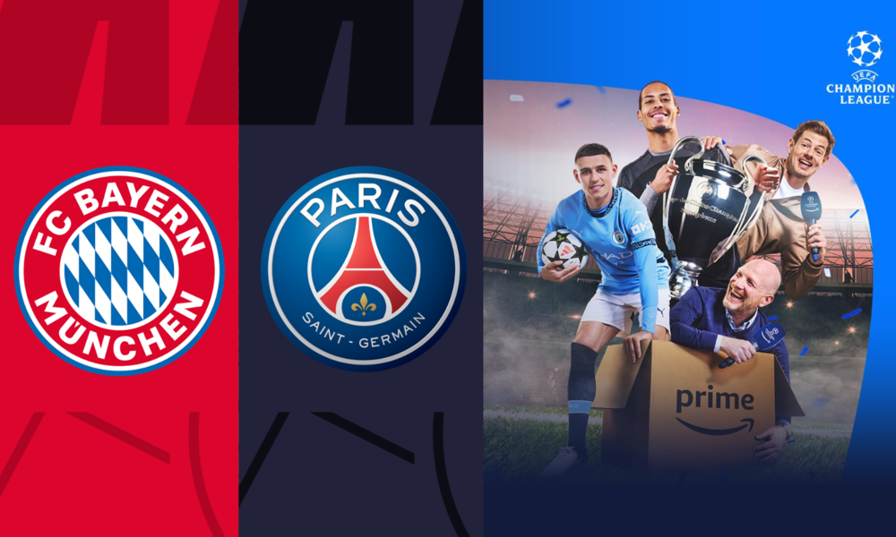 Champions-League-Pokal von Spielern und Trainern präsentiert, Amazon Prime-Karton im Vordergrund, Logos von Bayern und PSG links. | © Amazon