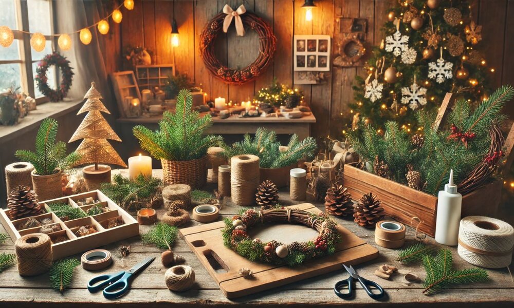 Ein weihnachtlich dekorierter Basteltisch mit Tannenzweigen, Zapfen, Garnrollen, einem halbfertigen Kranz und goldener Lichterkette. | © Sabrina Forst / KI generiert