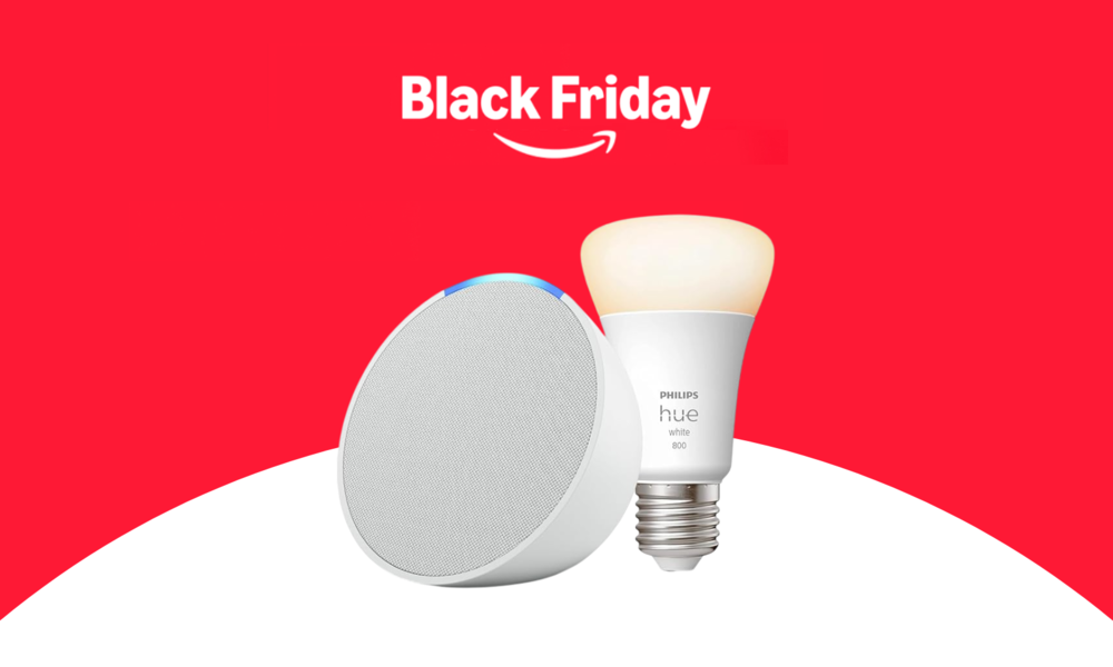 Der Schriftzug "Black Friday 2024", darunter das Amazon Zeichen, darunter ein Echo Pop und eine Philips Hue-Glühbirne, beides in weiß | © Amazon
