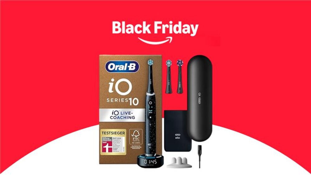 Der Schriftzug "Black Friday 2024" mit dem Amazon-Logo, darunter Elektrische Zahnbürste, 3 Aufsteckbürsten, Etui, 7 Modi in schwarz  | © Amazon/Oral-B