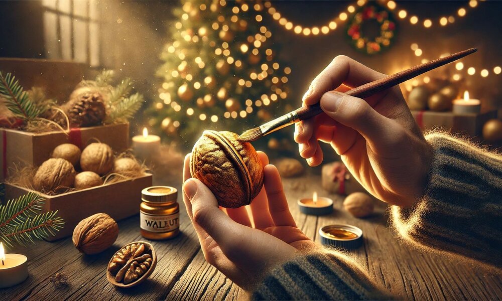 Eine Person in einem gestreiften Wollpullover bemalt behutsam eine Walnuss mit goldener Farbe, umgeben von Weihnachtsdekoration und Kerzenlicht. | © Sabrina Forst / KI generiert
