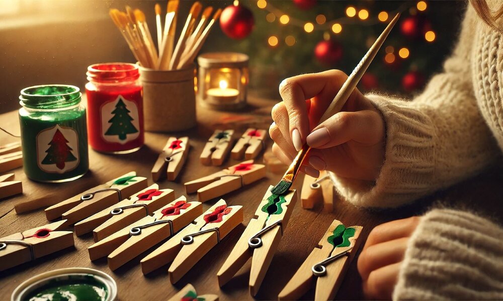 Eine Hand in wollweißem Pullover bemalt bei Kerzenschein Holzklammern mit grünen Weihnachtsmotiven, im Hintergrund ein Weihnachtsbaum. | © Sabrina Forst / KI generiert