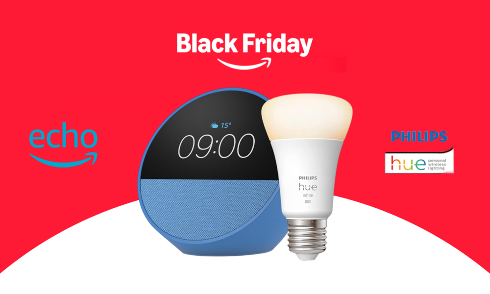 Der Schriftzug "Black Friday" mit dem Amazon-Logo, darunter ein Echo Spot in schwarz-blau und eine Philips Hue-Lampe in weiß. | © Amazon/Philips