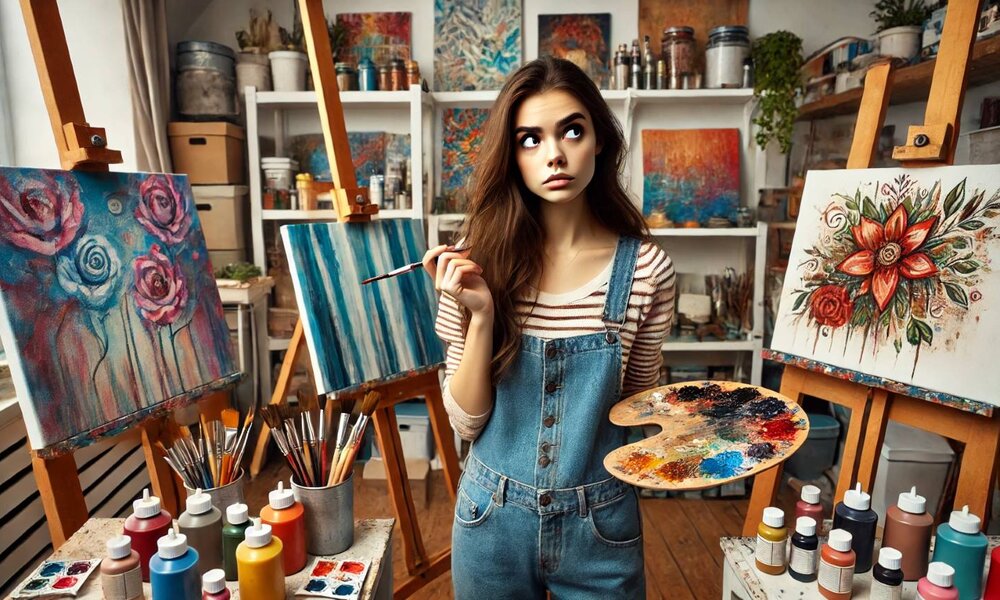 Eine junge Frau mit langen braunen Haaren und nachdenklichem Blick hält Pinsel und Farbpalette in einem bunt gestalteten Atelier. | © Sabrina Forst / KI generiert