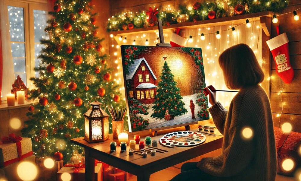 Eine Frau mit schulterlangem Haar malt ein winterliches Bild mit Weihnachtsbaum in einer festlich dekorierten, beleuchteten Stube. | © Sabrina Forst / KI generiert