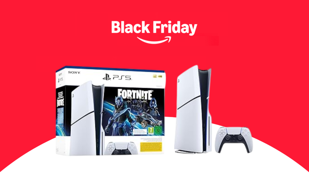 PlayStation 5-Konsole mit Fortnite-Bundle und DualSense-Controller vor rotem Hintergrund mit "Black Friday"-Schriftzug. | © Amazon