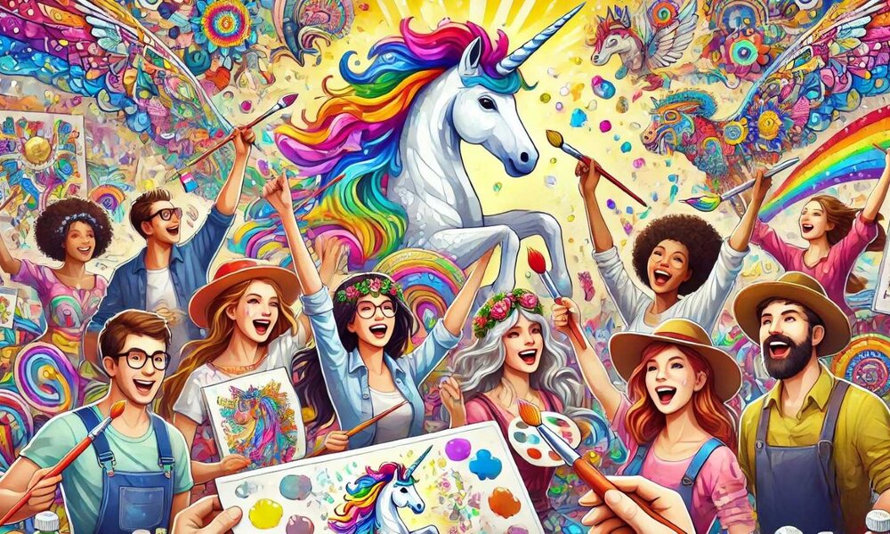 Kreative Menschen unterschiedlichen Alters feiern beim Malen eines Einhorns mit Regenbogenfarben, umgeben von farbenfrohen Fantasiebildern. | © Sabrina Forst / KI generiert
