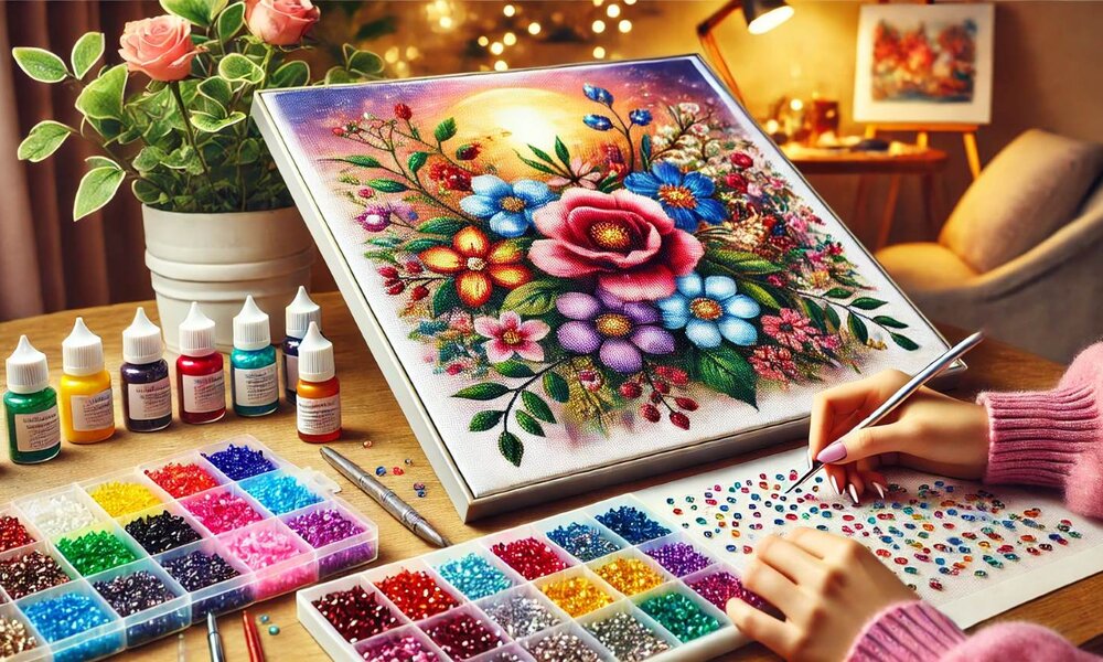 Eine Frau in rosa Pullover setzt mit Präzisionswerkzeug bunte Steinchen auf ein Blumenmotiv vor Abendhimmel, umgeben von Bastelmaterial. | © Sabrina Forst / KI generiert