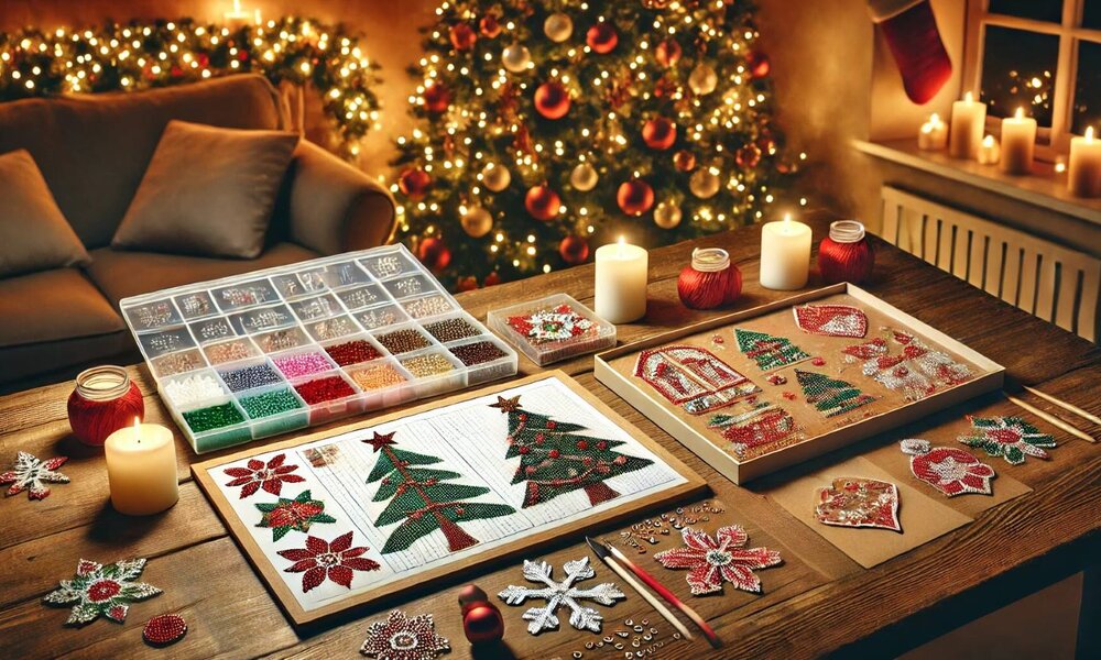 Ein warm beleuchteter Raum mit Kerzen, Weihnachtsbaum und kreativem Basteltisch, auf dem Perlenmotive in festlichen Farben gestaltet werden. | © Sabrina Forst / KI generiert