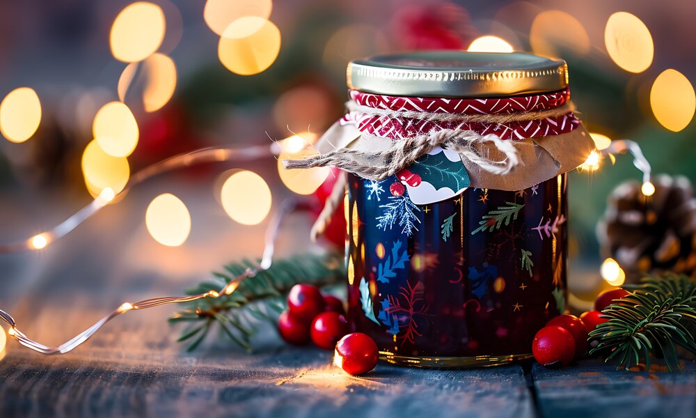 Ein weihnachtlich dekoriertes Marmeladenglas mit festlichem Muster und Zweigen, umgeben von Lichterketten und roten Beeren. | © Adobe Stock/ tayyaba