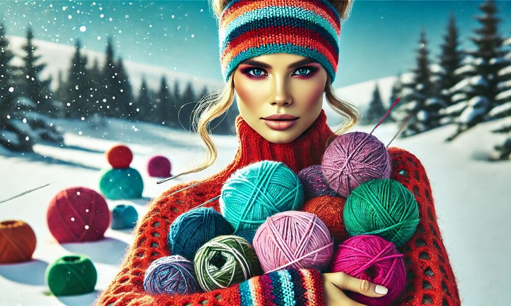 Frau mit gehäkeltem Stirnband und Wollknäueln, umgeben von winterlicher Schneelandschaft und sanftem Schneefall. | © Sabrina Forst / KI generiert
