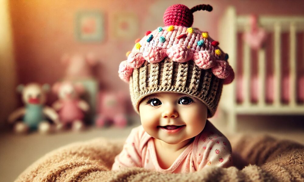 Ein lächelndes Baby mit großen dunklen Augen trägt eine gestrickte Mütze in Form eines Cupcakes und liegt in einer kuscheligen Decke im Kinderzimmer. | © Sabrina Forst / KI generiert