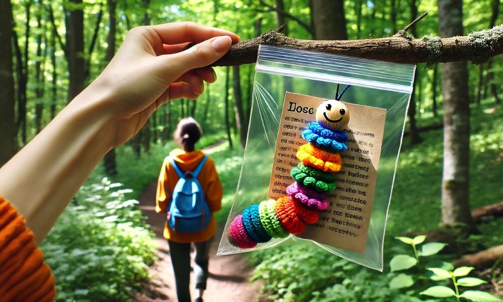 Im Vordergrund eine Sorgenwürmchen in Plastiktüte an Ast, dahinter grüne Waldlandschaft und eine Wandernde mit orangefarbenem Hoodie. | © Sabrina Forst / KI generiert