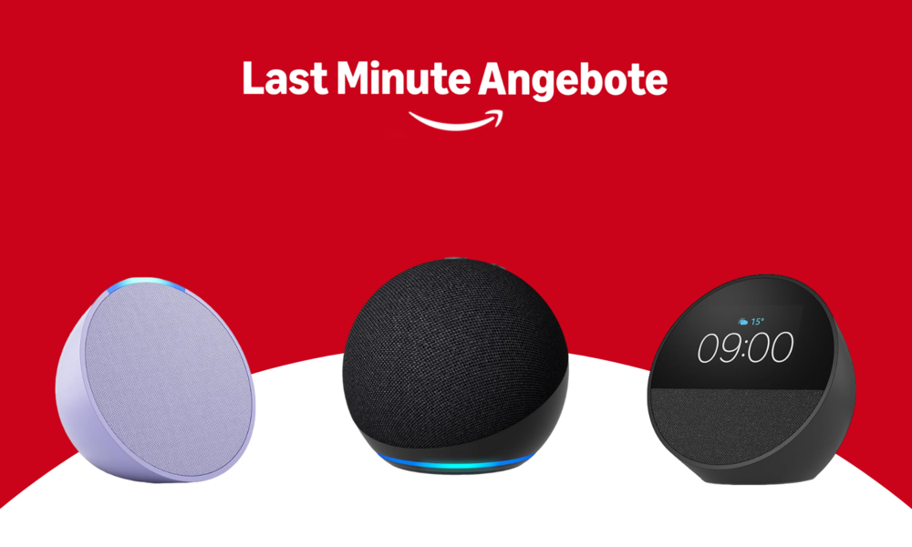 Amazon Echo Pop, Echo Dot und Echo Spot-Lautsprecher in modernem Kugel-Design vor rotem Hintergrund mit weißem Text "Last Minute Angebote" und Amazon-Logo. | © Amazon