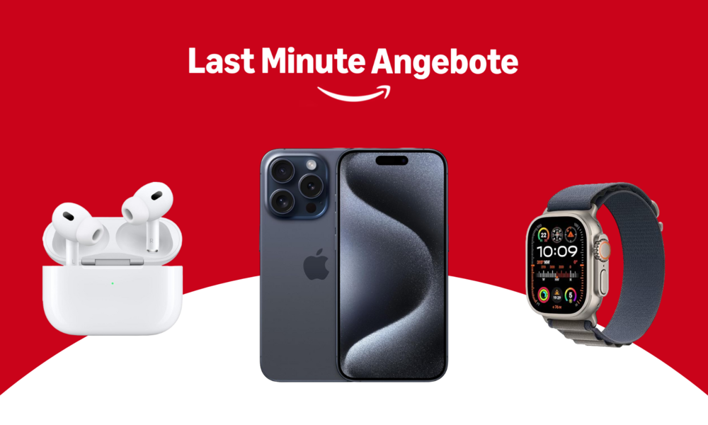 Der Schriftzug "Last MInute Angebote" mit dem Amazon-Logo, darunter die AirPods 4 in weiß, daneben das iPhone 16 und die Apple Watch 10, jeweils in schwarz | © Amazon