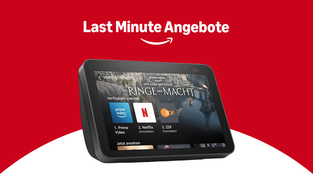 Der Schriftzug „Last Minute Angebote“ mit dem Amazon-Logo, darunter der Echo Show 8 in Schwarz, auf dem Display Streaming-Auswahl mit Prime Video, Netflix und ZDF und die Serie „Ringe der Macht“, umrahmt von rotem Werbebanner. | © Amazon