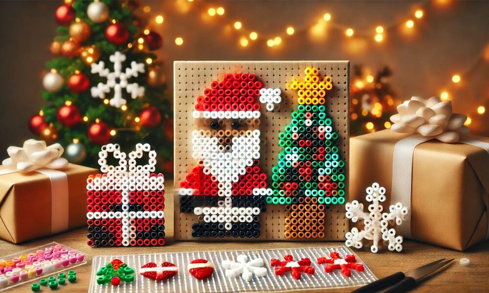 Ein Weihnachtsbaum und ein Weihnachtsmann aus Bügelperlen vor goldenem Geschenkpapier, daneben Perlen, Werkzeuge und Lichterkette. | © Sabrina Forst / KI generiert