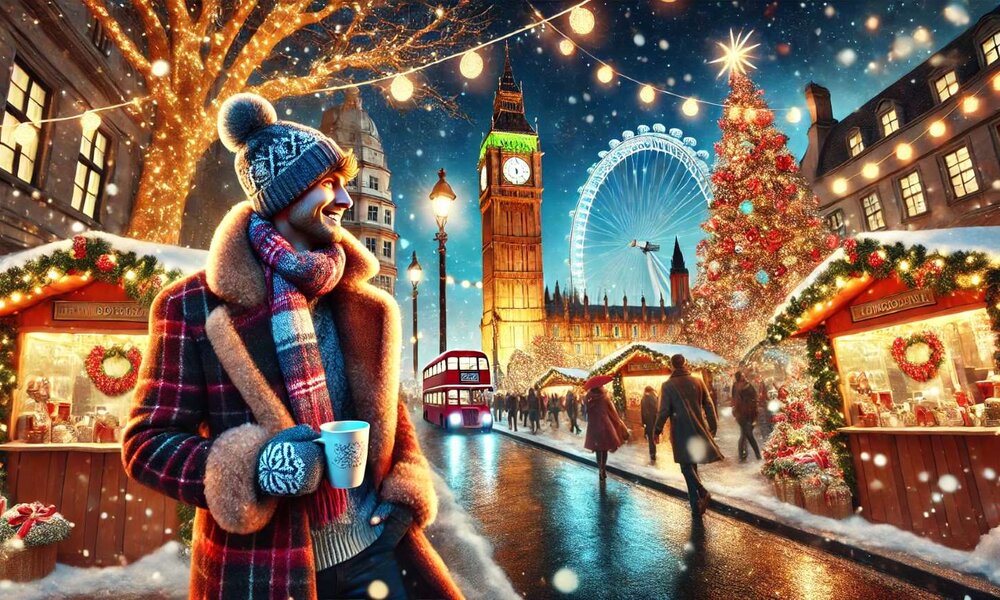 Ein lachender Mann in kariertem Mantel und Strickmütze hält eine Tasse auf einem festlich beleuchteten Weihnachtsmarkt in London. | © Sabrina Forst / KI generiert