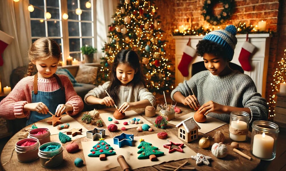 Drei Kinder basteln konzentriert Weihnachtsschmuck an einem festlich dekorierten Tisch vor einem leuchtenden Weihnachtsbaum. | © Sabrina Forst / KI generiert