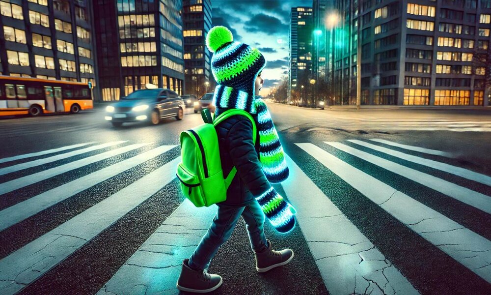 Ein Kind mit leuchtendem grünen Rucksack und reflektierender Winterkleidung überquert im Dunkeln einen Zebrastreifen in der Stadt. | © Sabrina Forst / KI generiert
