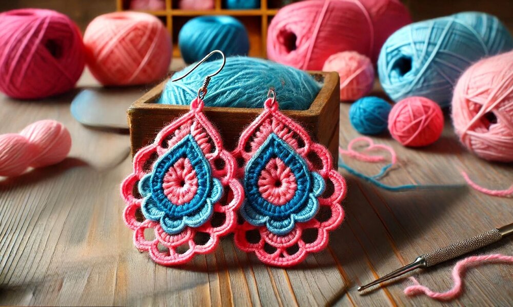 Filigrane, handgehäkelte Ohrringe in Blau und Pink liegen vor einer Holzkiste mit buntem Garn und einer Häkelnadel. | © Sabrina Forst / KI generiert
