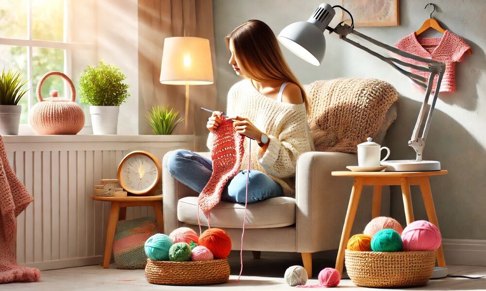 Eine junge Frau mit langen, braunen Haaren sitzt in einem gemütlichen Sessel und strickt konzentriert ein rosa Strickstück bei warmem Tageslicht. | © Sabrina Forst / KI-generiert