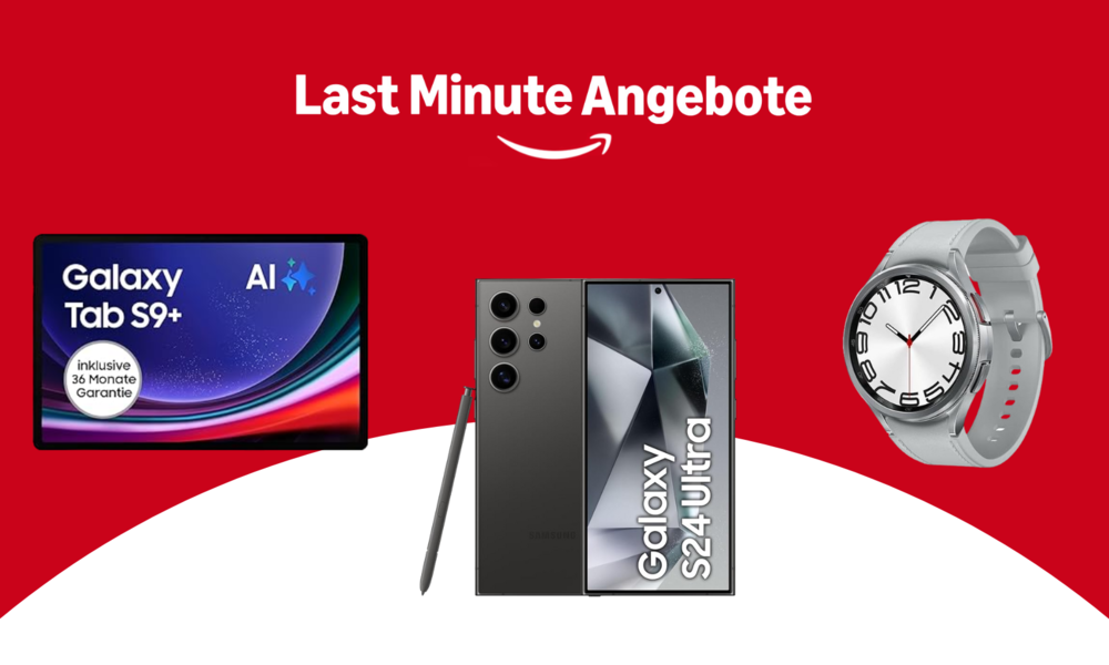 Schriftzug: „Last-Minute-Angebote“ mit dem Amazon-Logo, darunter ein Galaxy Tab S9+, ein Galaxy S24 Ultra Smartphone und eine silberne Galaxy Watch mit weißem Armband vor rotem Hintergrund. | © Amazon/Samsung